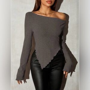 Asymmetrical Neck Rib-knit Top